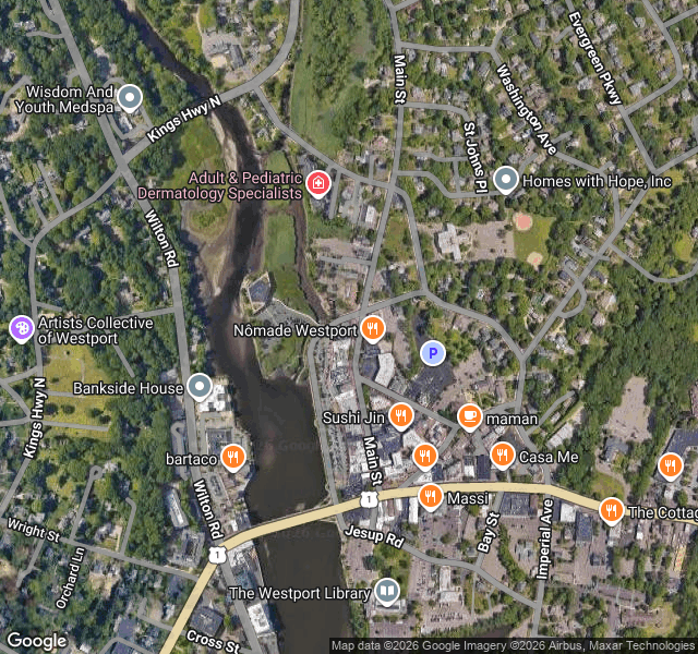Map of downtown Westport: the Saugatuck River, Parker Harding Plaza, and Main Street