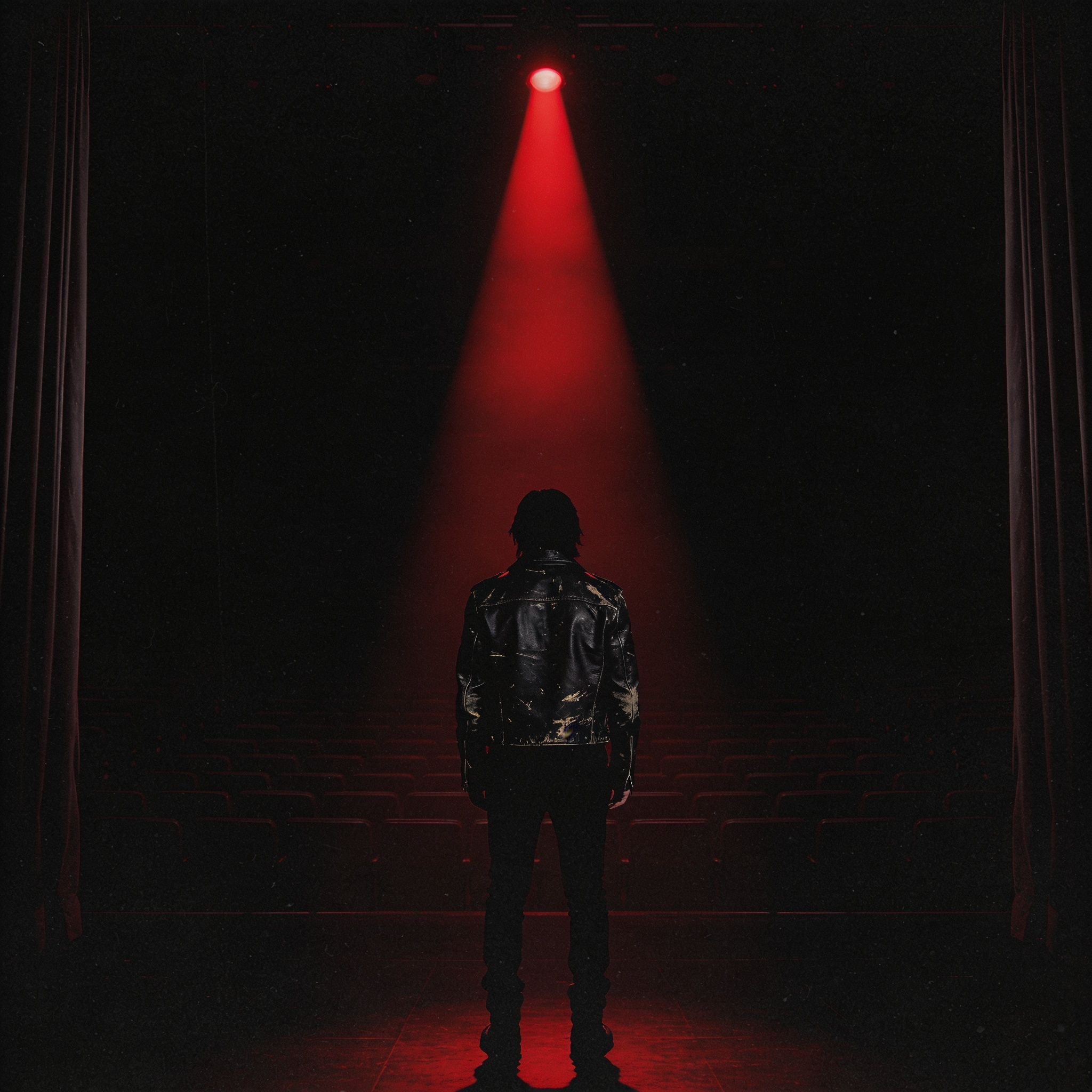 The Triptych cover: black stage, one red spotlight, nobody in the room