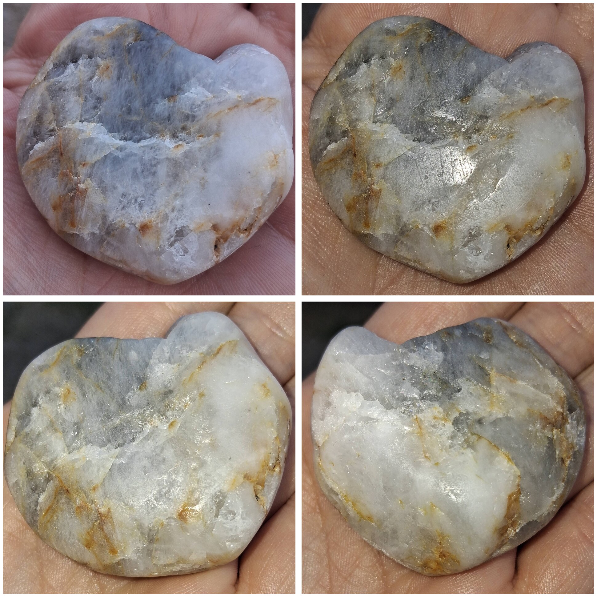 One vein-quartz cobble, four faces in daylight