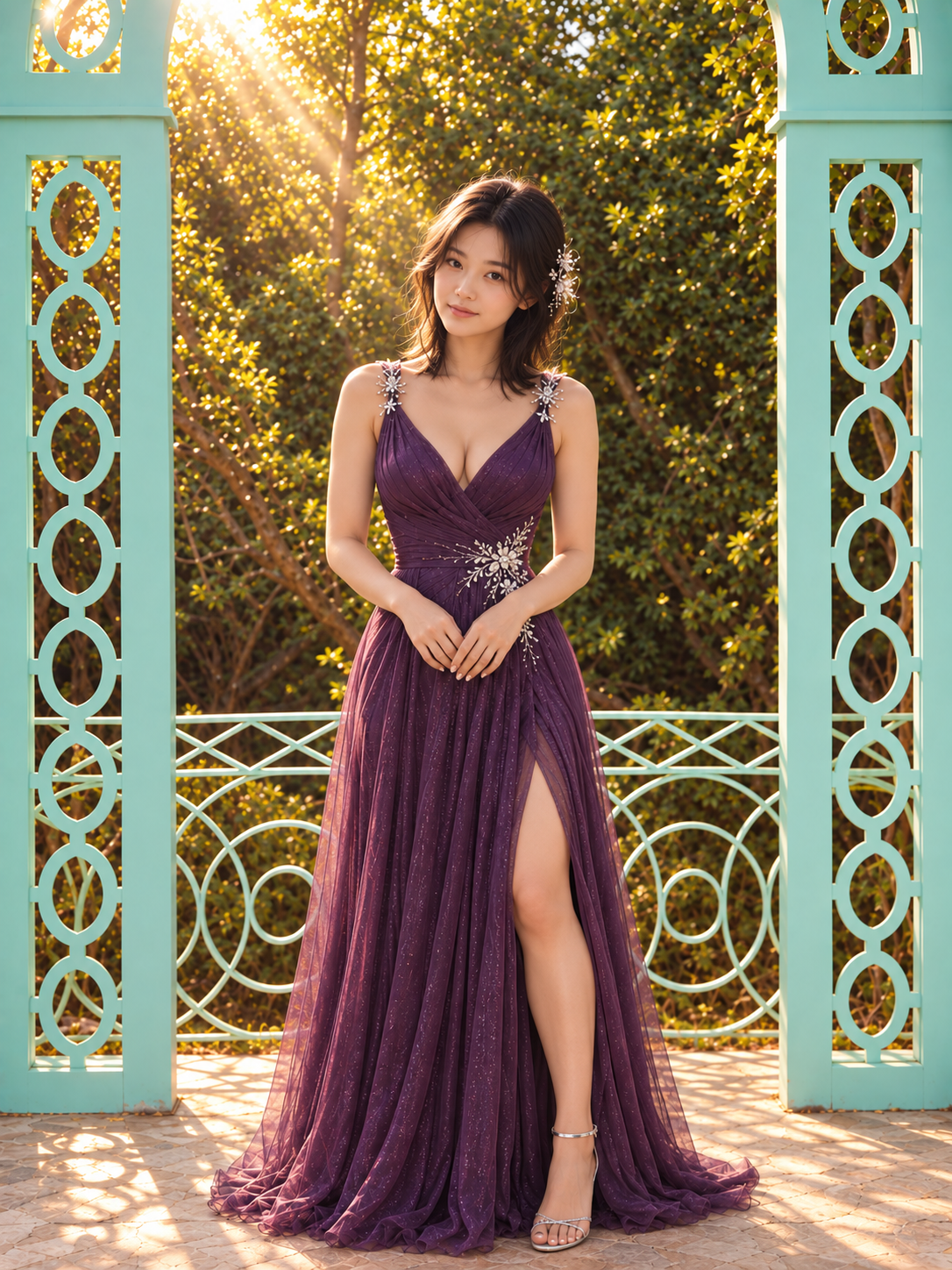 Lily Lungren in the amethyst gown under the turquoise arch