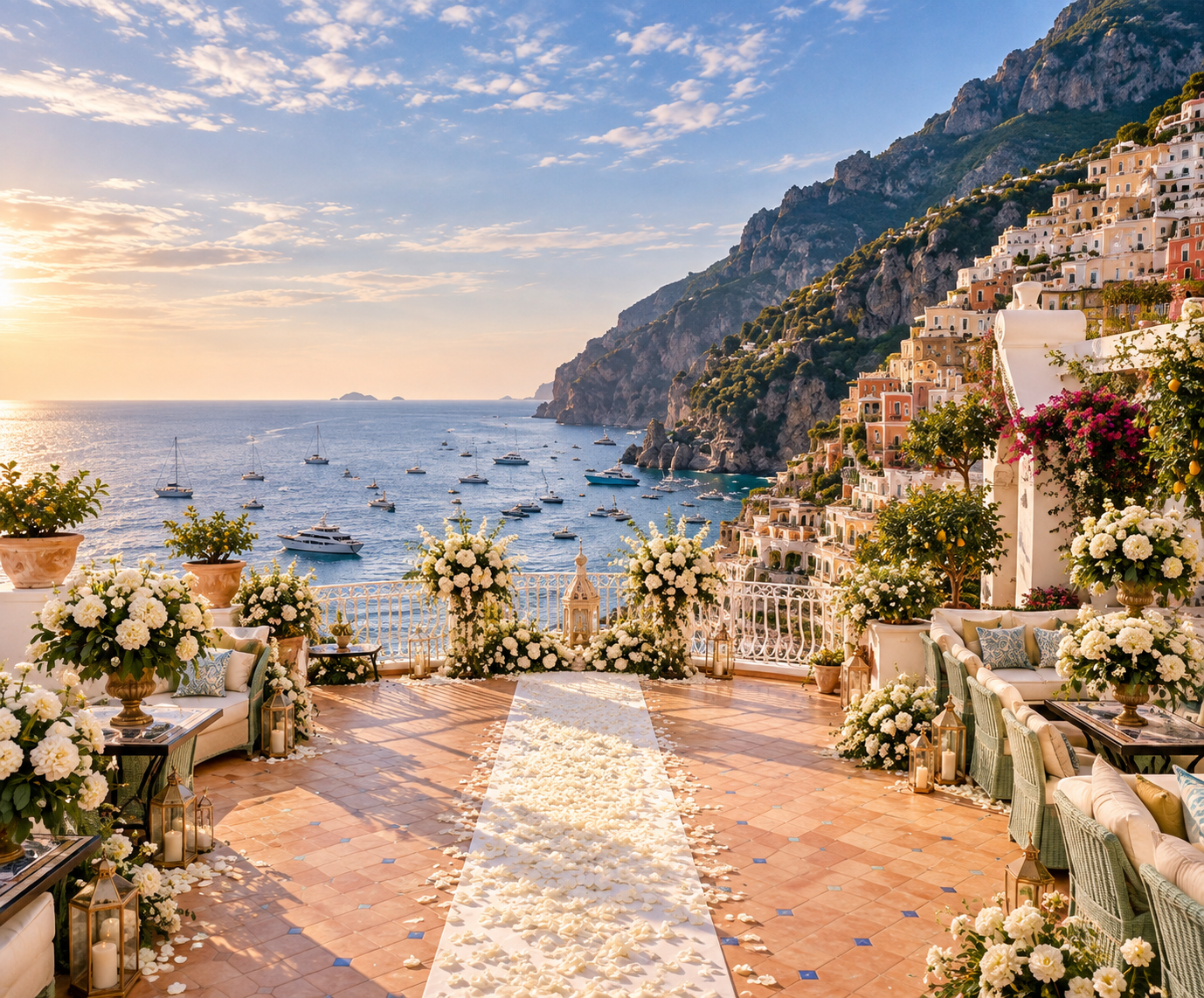 A terrace high above Positano at golden hour, set for a wedding: a white floral arch at the end of a petal-lined aisle, the sea stretching to the horizon.