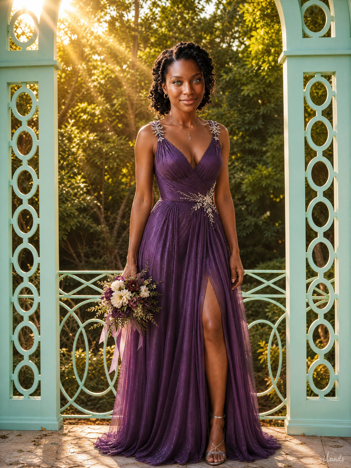 Garlia Allium in a shimmering violet bridesmaid gown, holding her bouquet at the mint-green arch