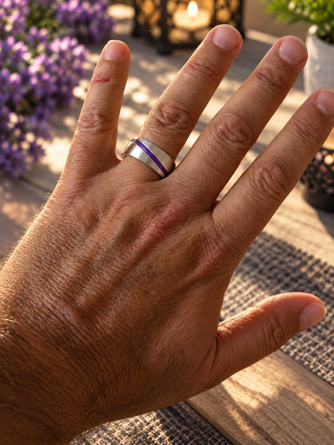 Bryan’s ring: brushed silver with a continuous violet inlay, worn on a hand over a lantern-lit table