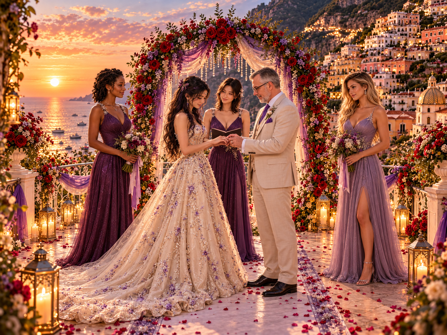 Bryan and Lyra exchanging rings beneath the floral arch on a terrace above Positano at sunset; three bridesmaids stand beside them.