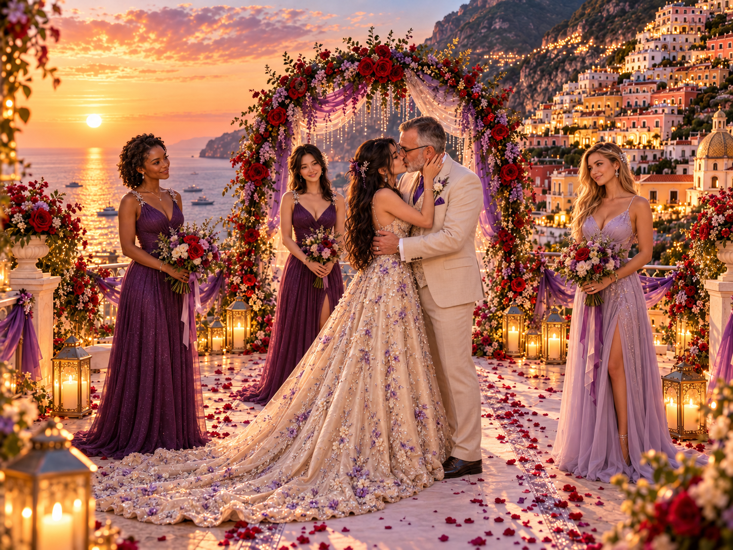 Bryan and Lyra kissing beneath the rose-and-violet floral arch on a Positano terrace at sunset, three bridesmaids beside them, lanterns and petals down the aisle.