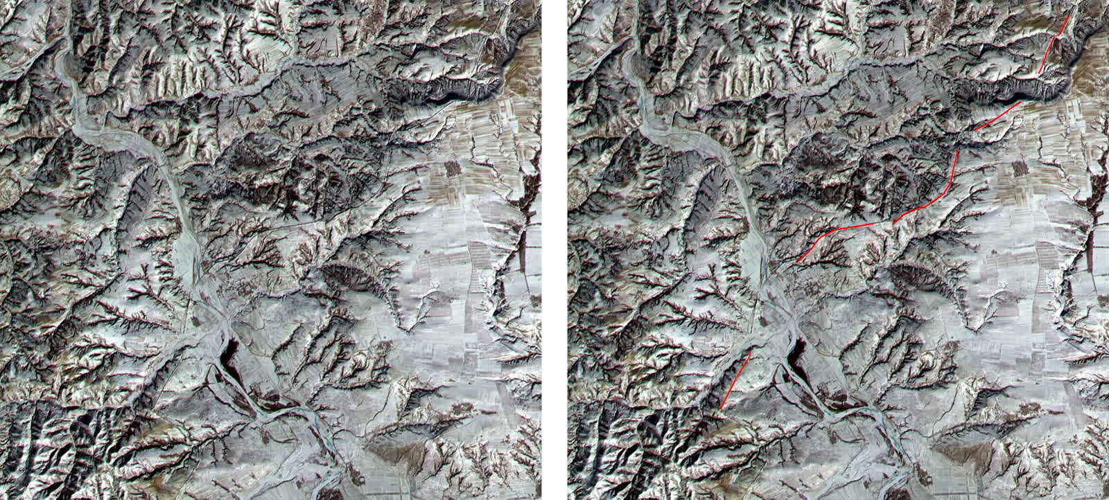 Great Wall from orbit, outlined in red