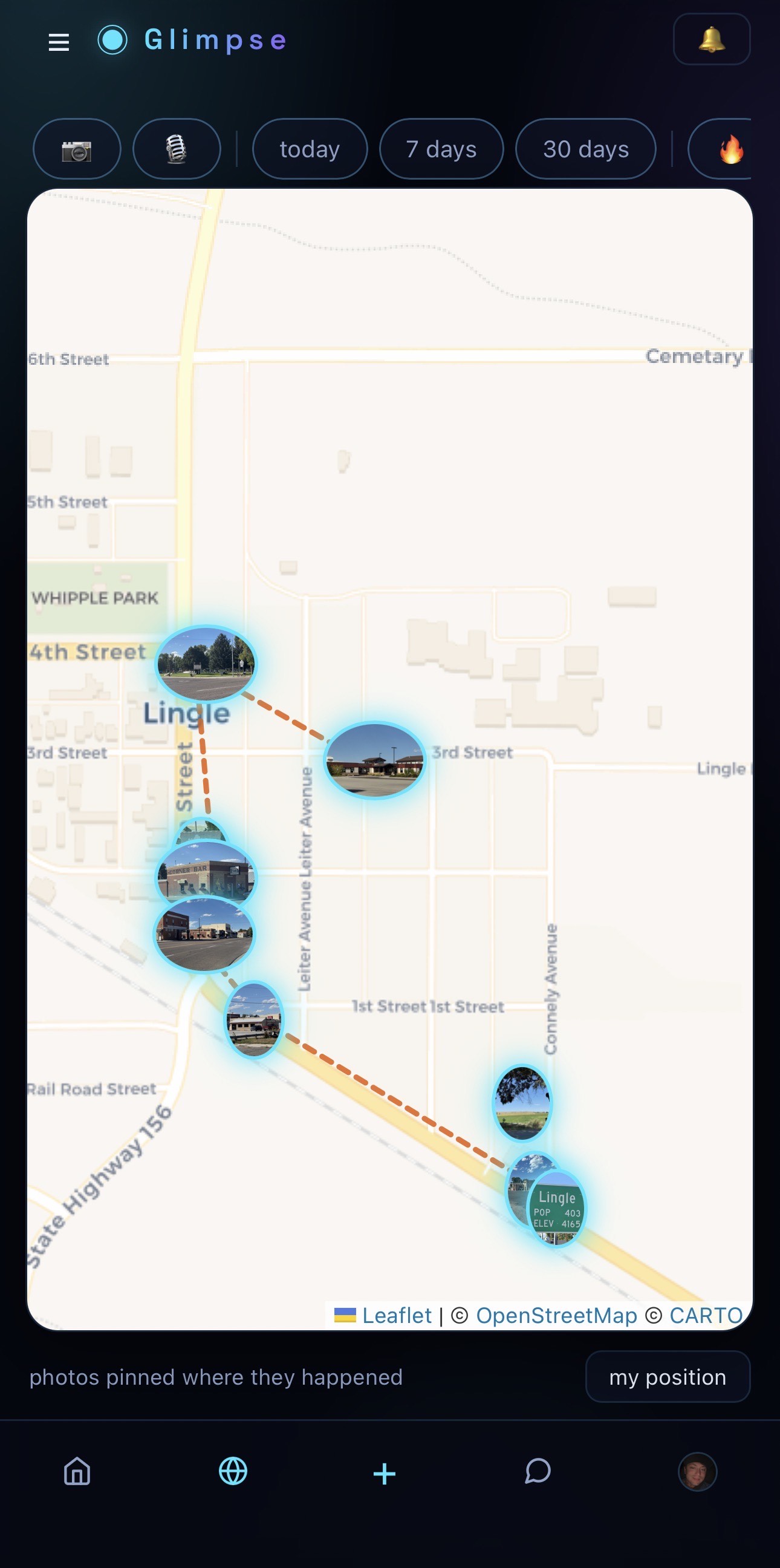 a journey in Glimpse — a route through Lingle, Wyoming, every pin a photo