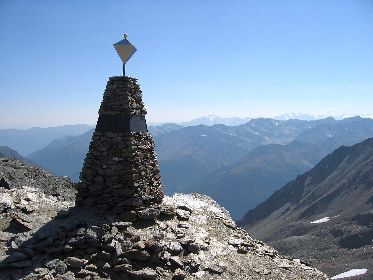 Memorial obelisk at the Ötzi find site, Tisenjoch, Ötztal Alps