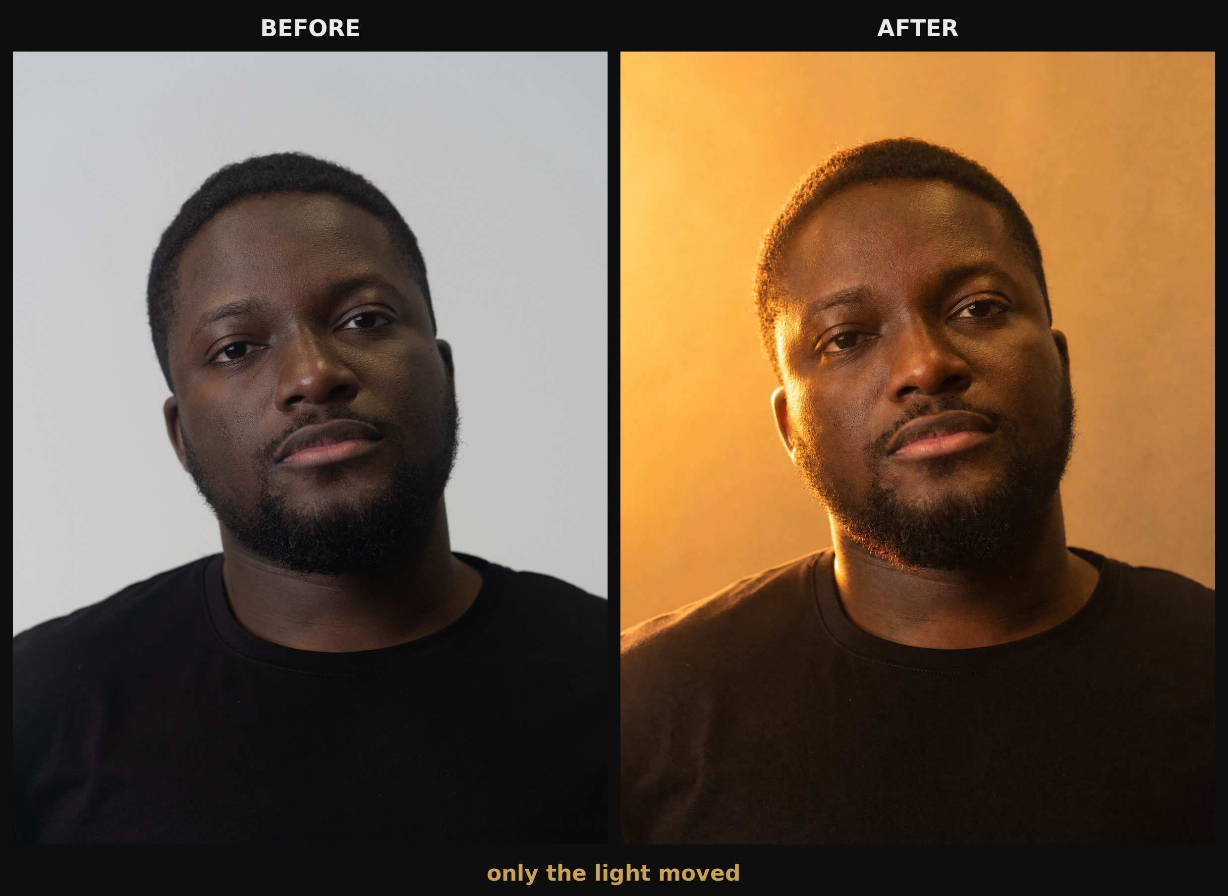 before and after: one portrait, only the light changed