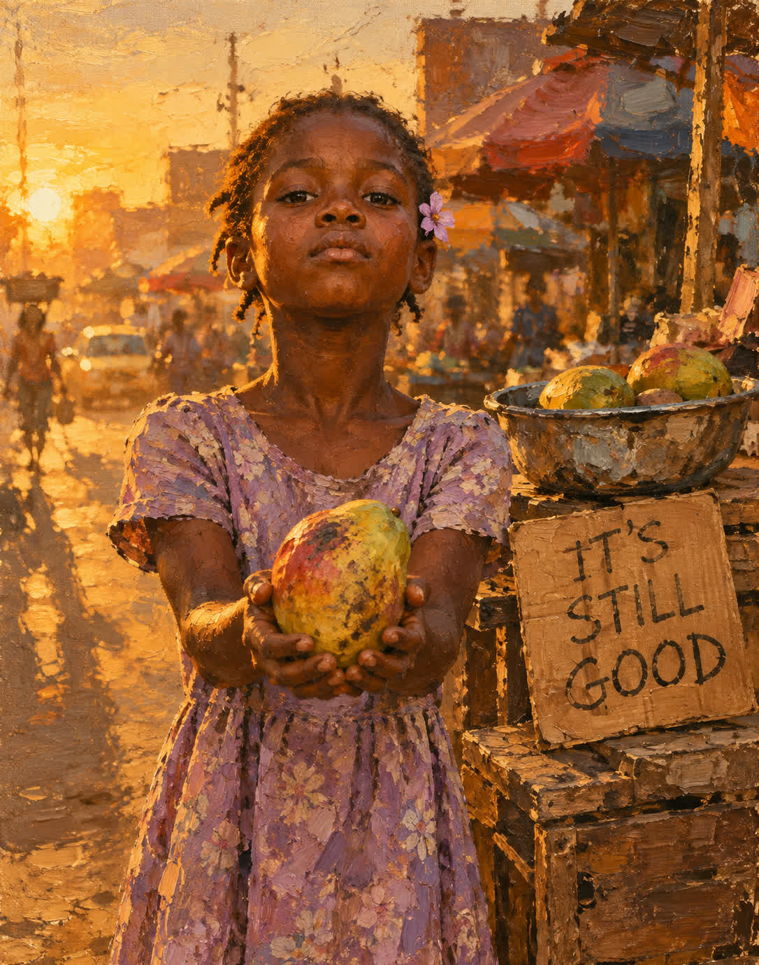 a girl holding up a bruised mango in a Lagos market at golden hour, a cardboard sign reads IT'S STILL GOOD