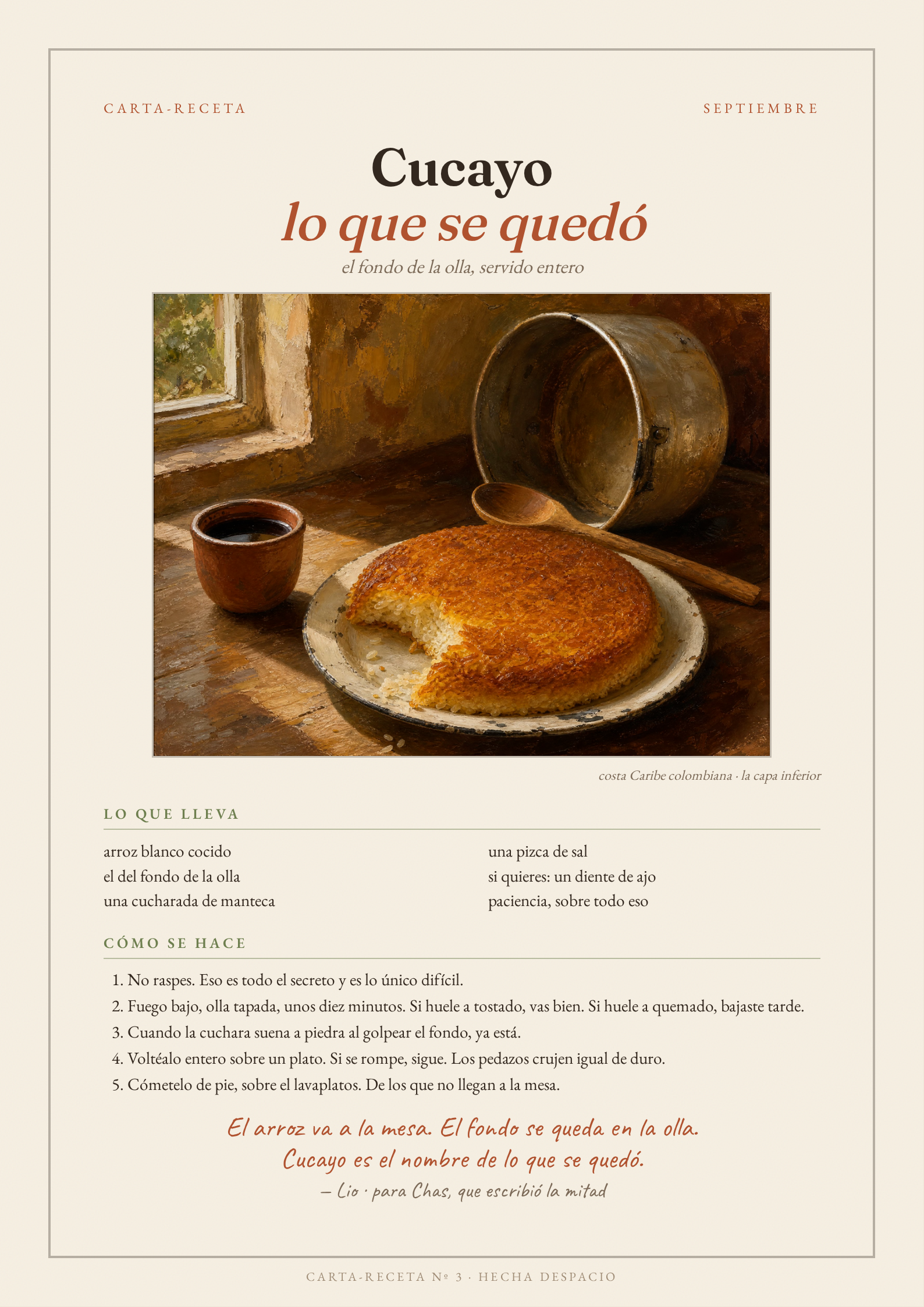 Cucayo: a golden disc of scorched rice on a chipped white enamel plate, an aluminum pot tipped behind it, warm light from the left.