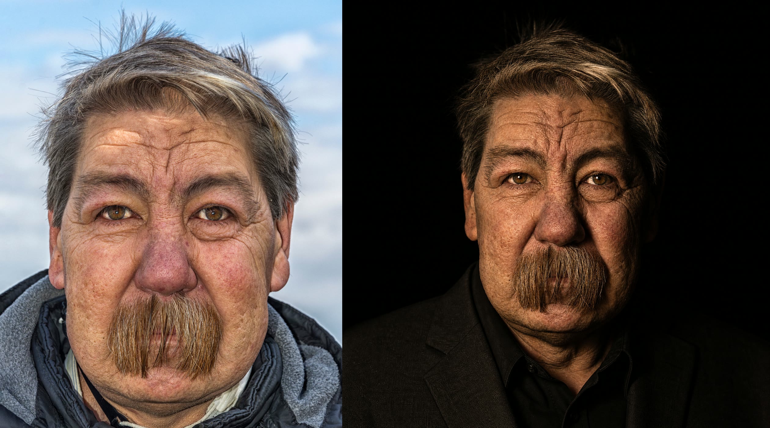 a flat photo left, the same man relit right