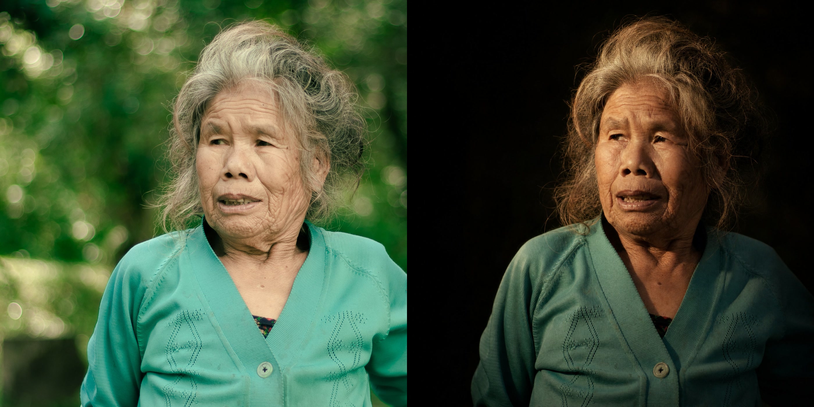 flat overcast portrait on the left, the same woman relit low-key on the right