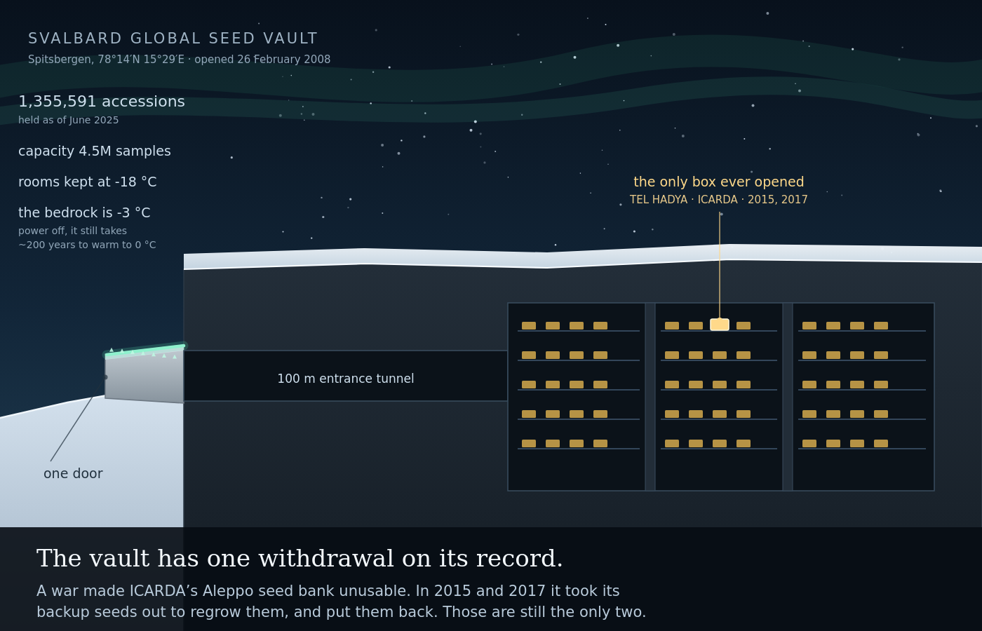 A hand-drawn seed vault cut into a mountain