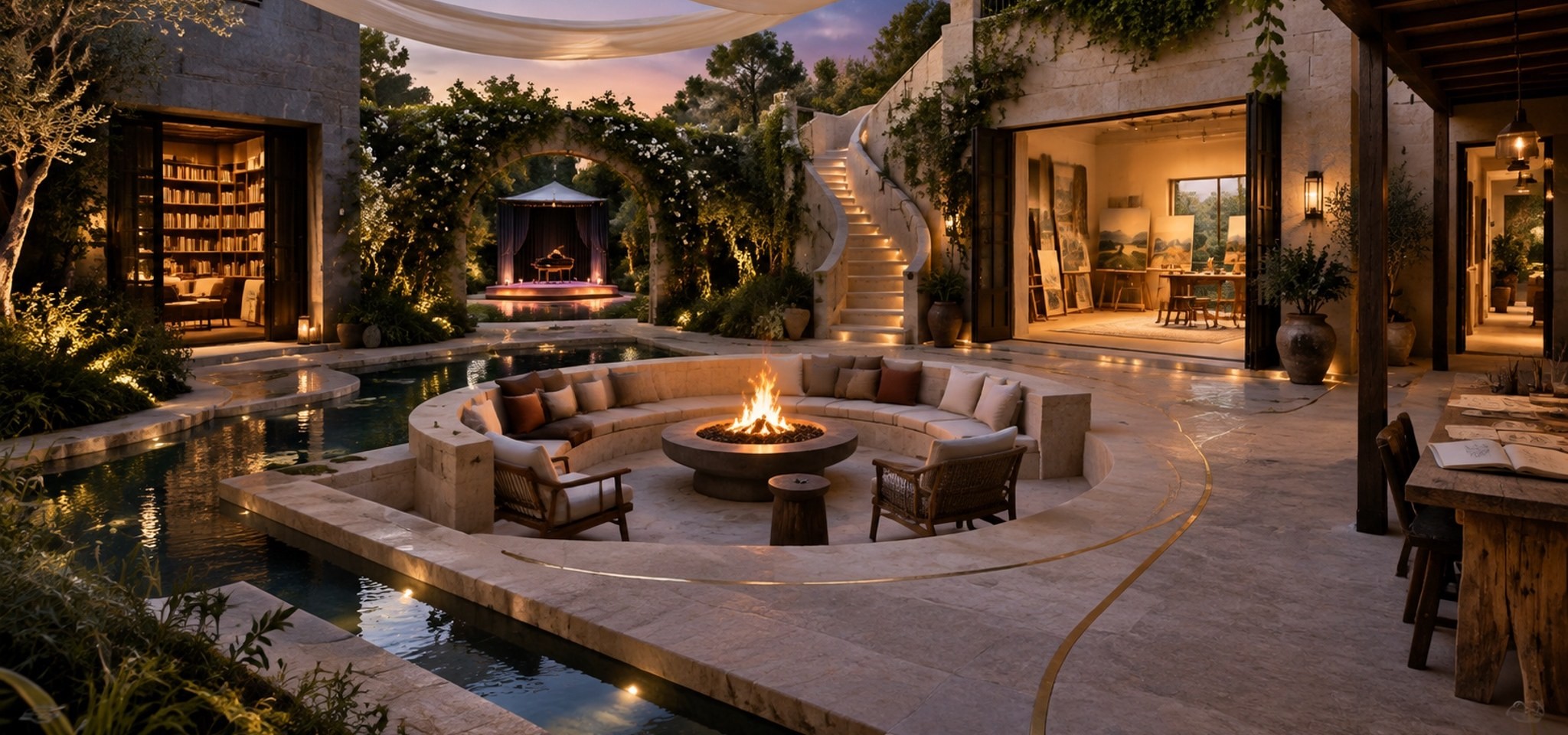 A courtyard at dusk: a lit fire pit with curved stone seating, a narrow channel of water running down the left side and ending in a basin, a wide stone walkway leading through an ivy arch, open doorways on both sides, a curved stair rising to a planted terrace, and a pale linen canopy strung from post to post over the open courtyard.