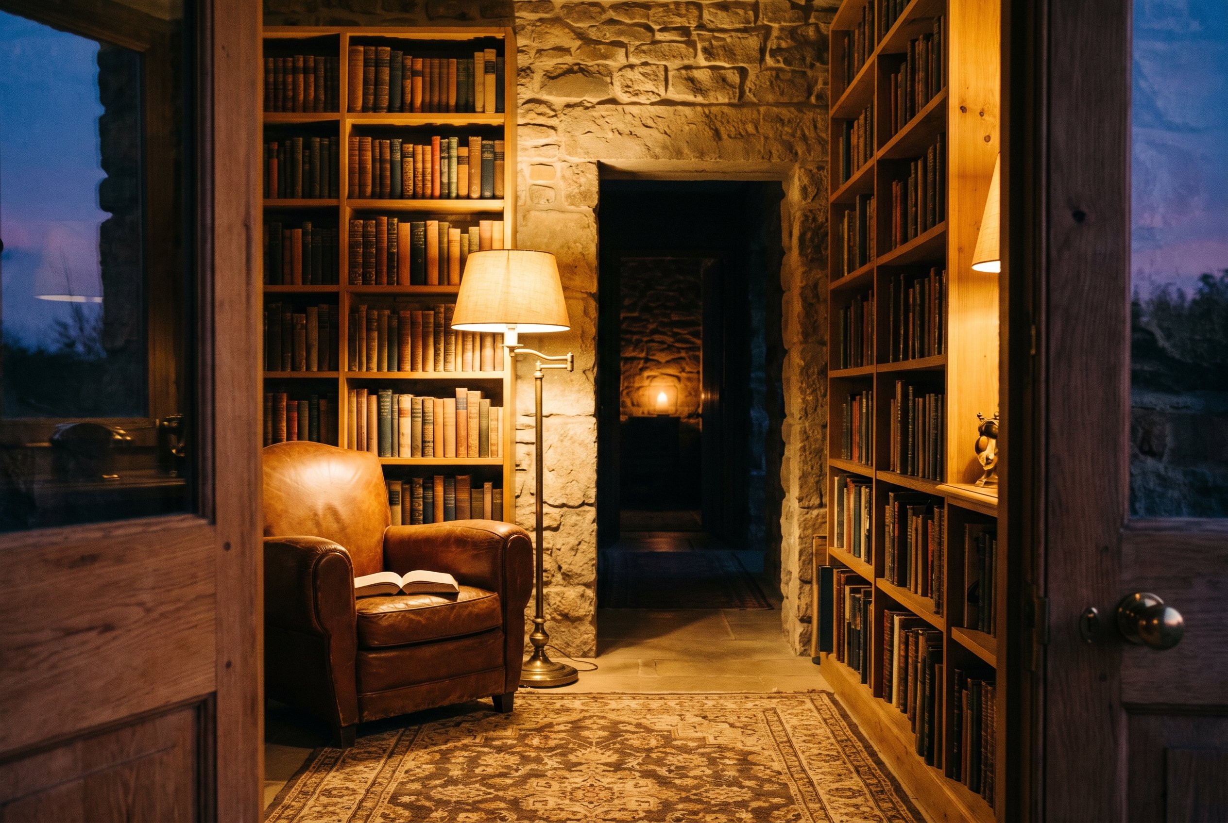 The library: two full stone-and-timber bookcases, a worn leather armchair with a book left open on the seat, a brass lamp, and a stone passage at the back with a light at the far end.