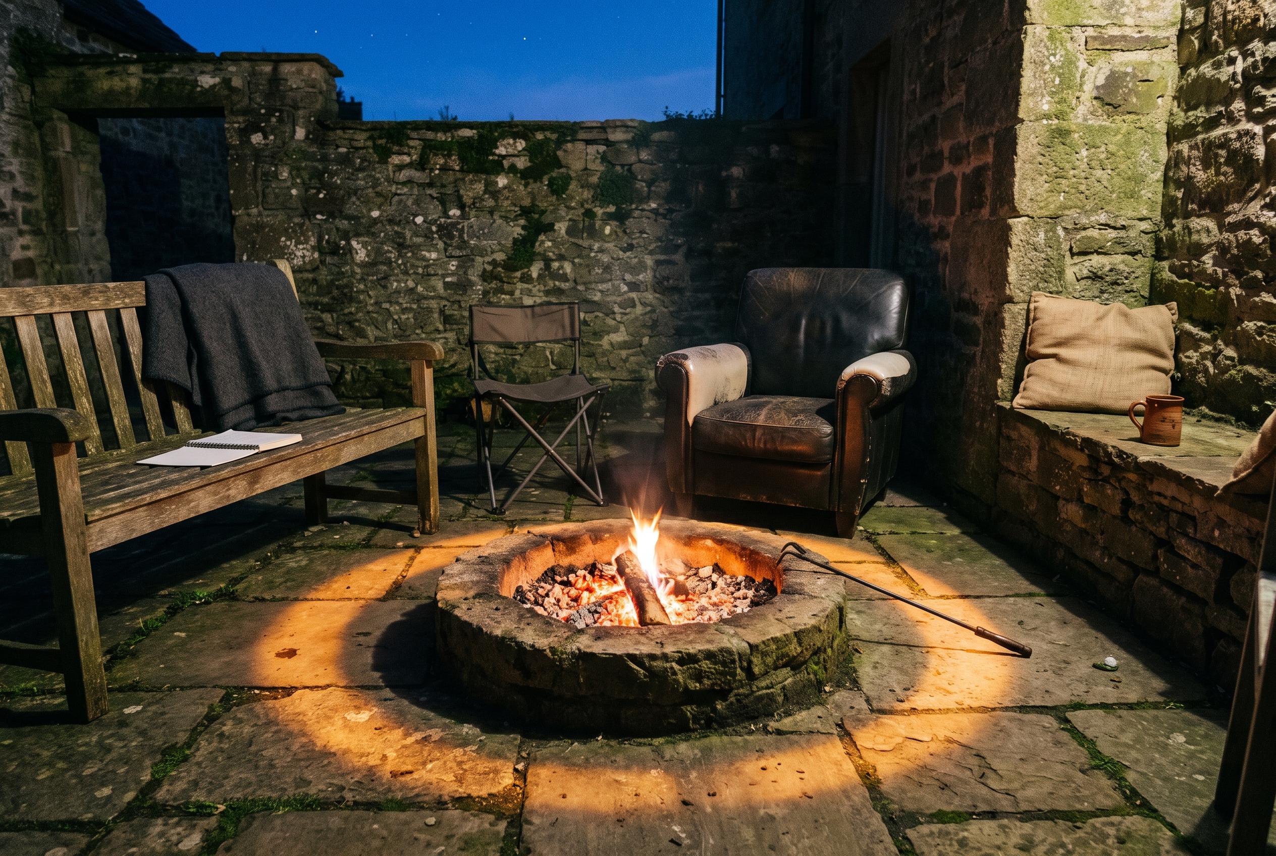 Close on a round stone fire pit in a courtyard at late dusk, burned down to embers, with four different seats around it: a low wooden bench with a blanket and an open notebook, a worn leather armchair pulled close, a stone ledge in the wall with a cushion and a clay cup, and a folding camp stool angled away from the circle.