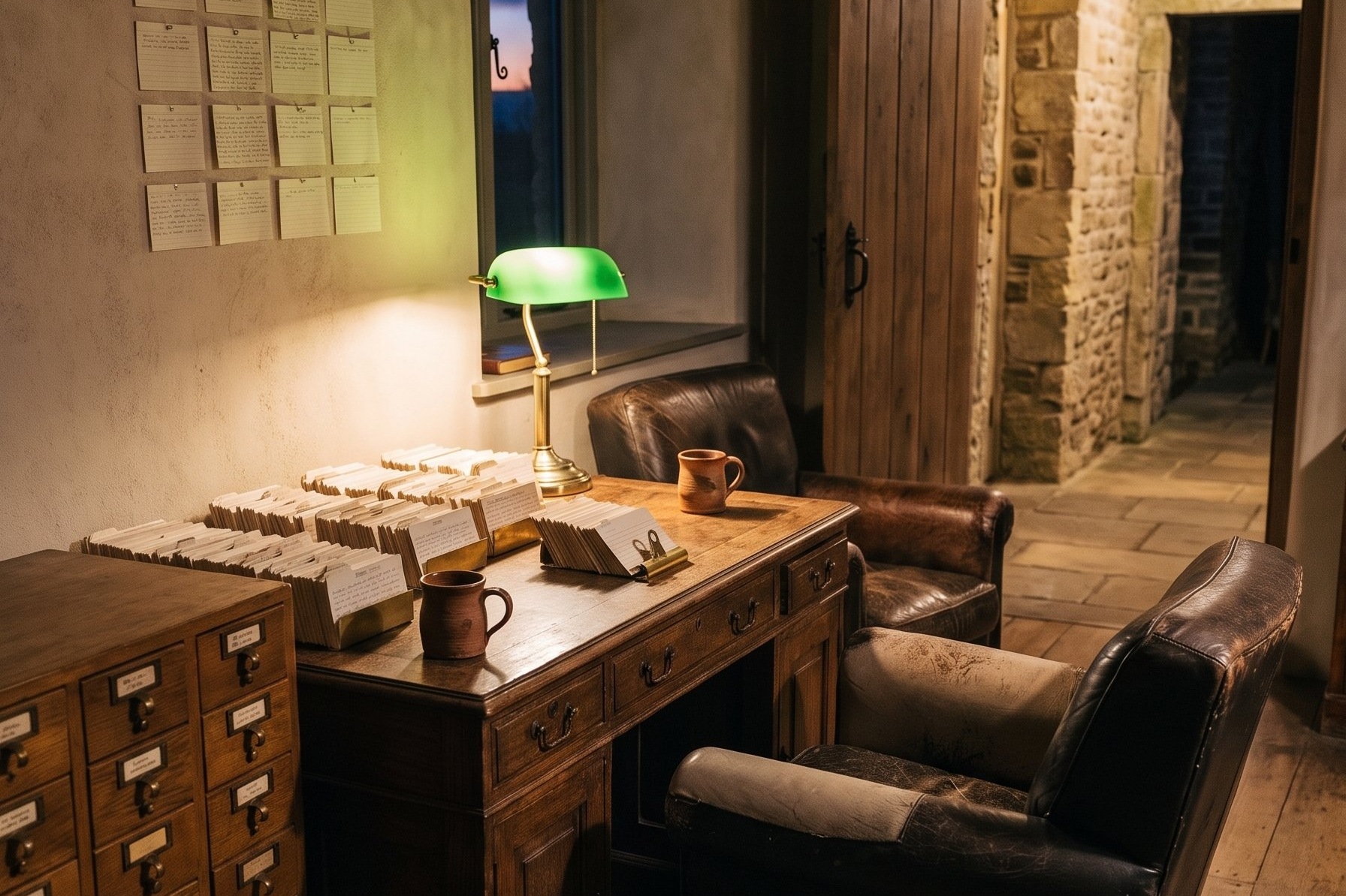 A small warm study: a heavy timber desk covered in neat stacks of numbered index cards, a card catalogue of small wooden drawers, a brass lamp with a green glass shade, one leather chair pulled out at an angle and a second chair facing it, and a wall pinned with a grid of small paper squares. A narrow window holds the last of the dusk, and a door on the right stands open onto a lit stone passage.