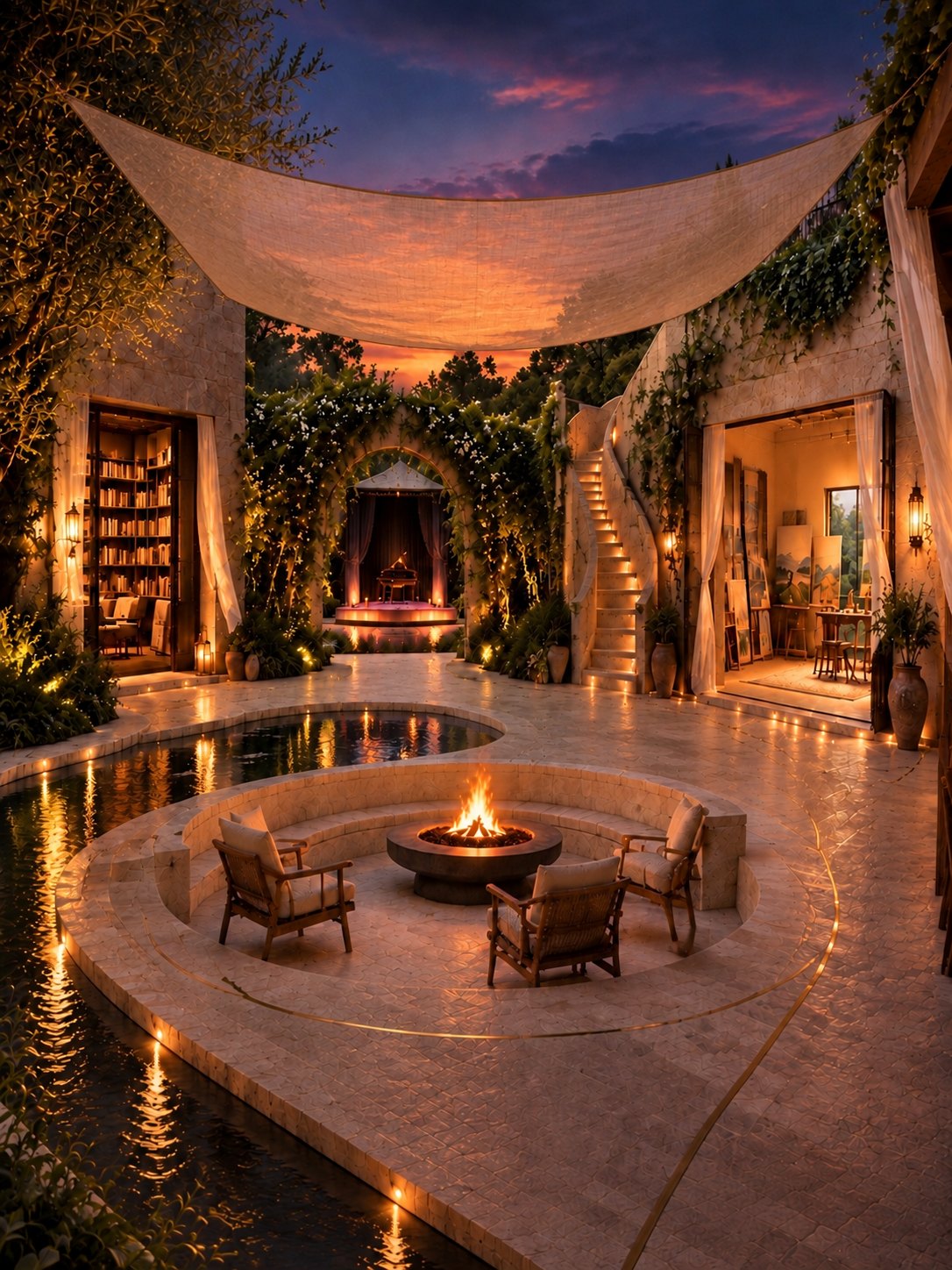 A courtyard at dusk: a lit fire pit with curved stone seating, a narrow channel of water running down the left side and ending in a basin, a wide stone walkway leading through an ivy arch, open doorways on both sides, a curved stair rising to a planted terrace, and a pale linen canopy strung from post to post over the open courtyard.